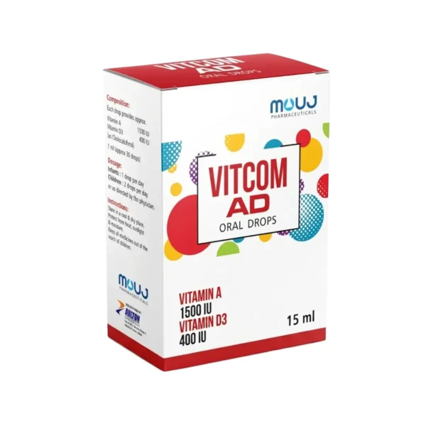A 15ml bottle of VITCOM AD oral drops, containing Vitamin A (1500 IU) and Vitamin D3 (400 IU), designed for infants and children.