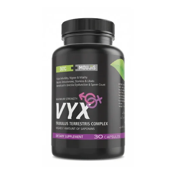 A black bottle of VYX dietary supplement containing 30 capsules of a Tribulus Terrestris complex, designed to support male fertility, vigor, vitality, stamina, and libido.