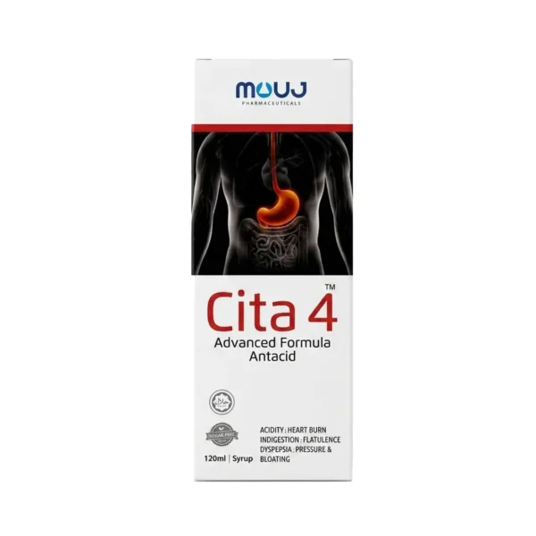 A white box of Cita 4 120ml advanced formula antacid syrup, featuring an anatomical graphic of a stomach and text indicating it is for acidity, heartburn, indigestion, flatulence, dyspepsia, pressure, and bloating.