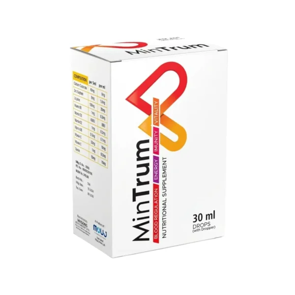A 30ml bottle of MinTrum nutritional supplement drops, formulated for blood regulation, energy, and immunity.