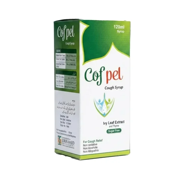 A white and green box of Cofpel 120ml sugar-free cough syrup containing ivy leaf extract and thyme for cough relief.