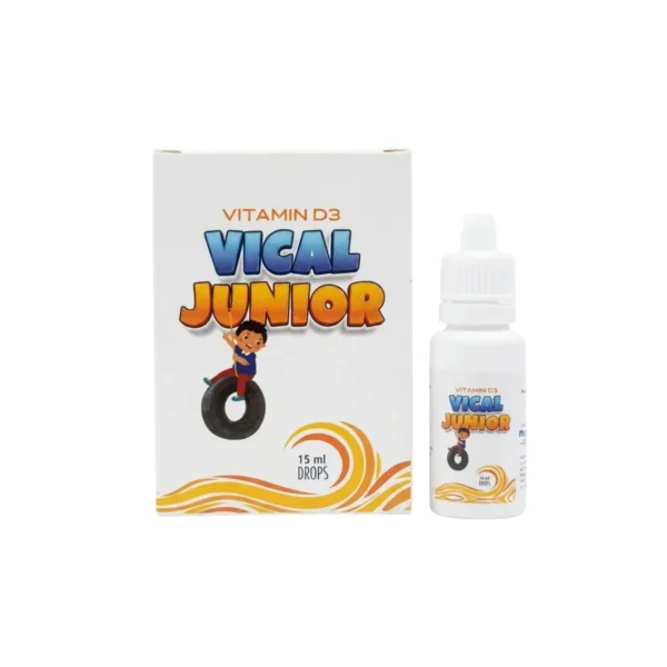 A bottle and box of VICAL JUNIOR Vitamin D3 drops, a 15ml supplement featuring an illustration of a child playing with a tire swing.