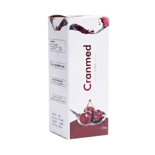 A white box of Cranmed 120ml syrup featuring a spoon with fresh cranberries and cranberry juice splash graphics.