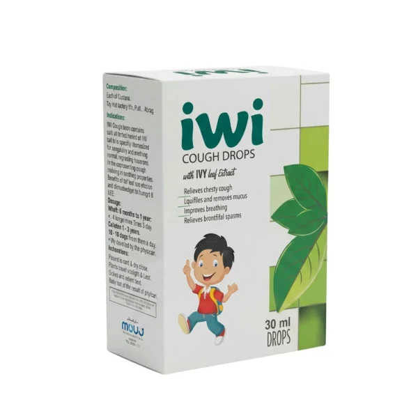 A 30ml bottle of iwi cough drops containing ivy leaf extract to relieve chesty coughs, liquefy and remove mucus, improve breathing, and relieve bronchial spasms, featuring an illustration of a happy child.