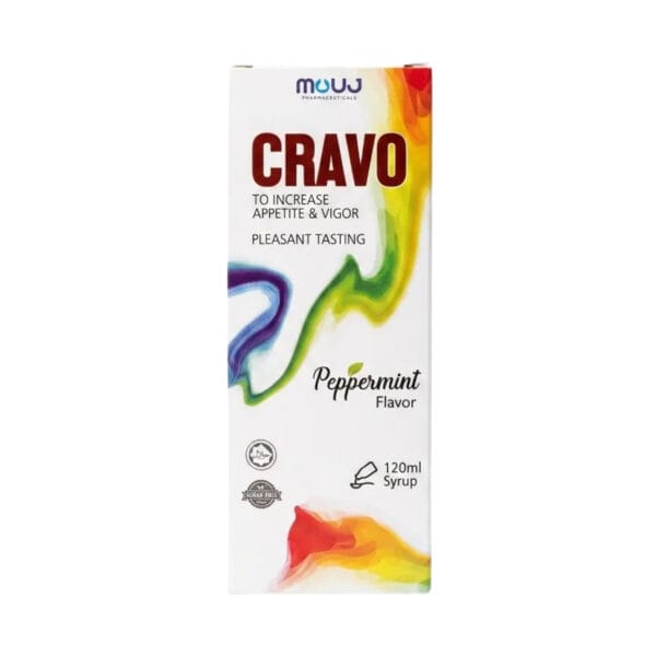 A white box of Cravo 120ml syrup in peppermint flavor, designed to increase appetite and vigor, featuring colorful abstract paint splash graphics.