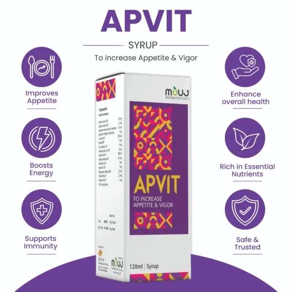 APVIT 120ml syrup, designed to increase appetite and vigor while enhancing overall health