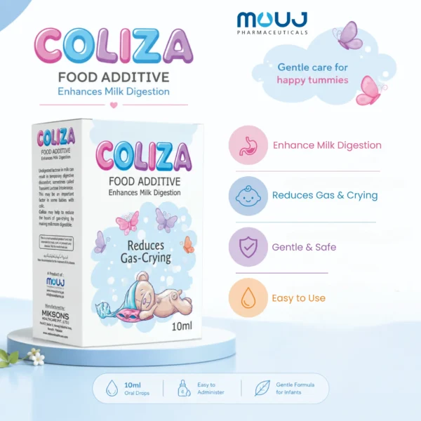 Coliza Food Additive 10ml oral drops for infants by Mouj Pharmaceuticals, enhances milk digestion and reduces gas and crying