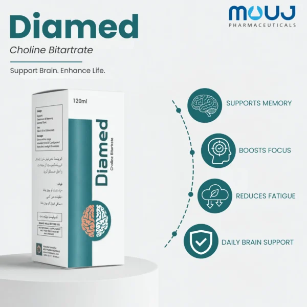 A 120ml bottle and box of Diamed Choline Bitartrate syrup, highlighting its benefits for memory, focus, and brain support.