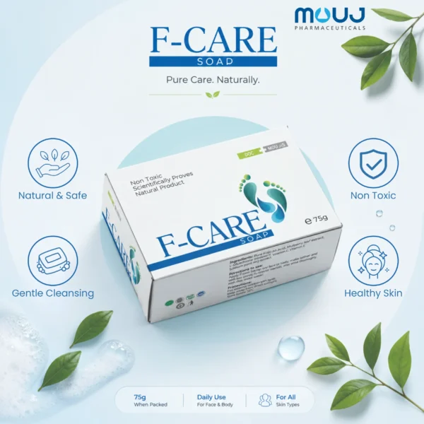 F-CARE SOAP by Mouj Pharmaceuticals. In the center, a white rectangular product box