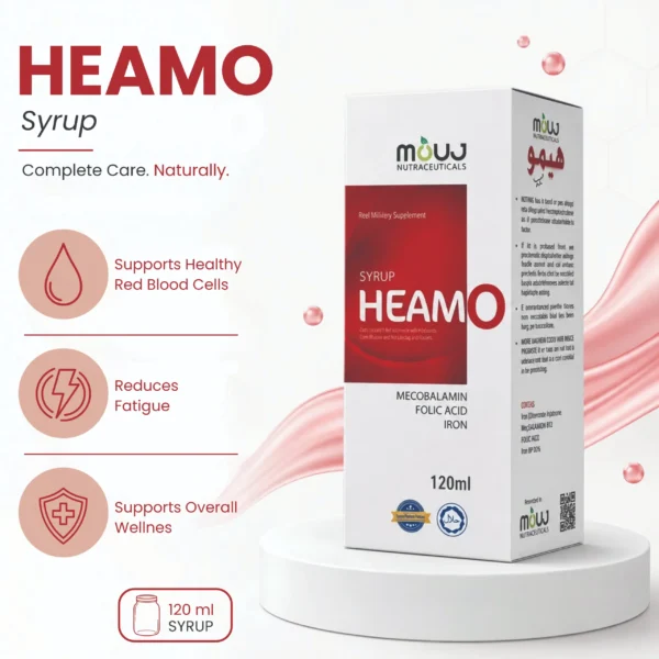 This promotional image showcases HEAMO syrup, highlighting its key benefits including supporting healthy red blood cells, reducing fatigue, and supporting overall wellness.