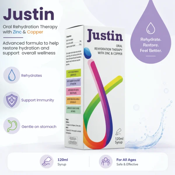 A promotional image featuring a bottle of Justin Oral Rehydration Therapy with Zinc & Copper.