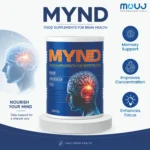 MYND brain health food supplements by Mouj Pharmaceuticals. Centered in the image, a dark blue cylindrical 400g powder tin
