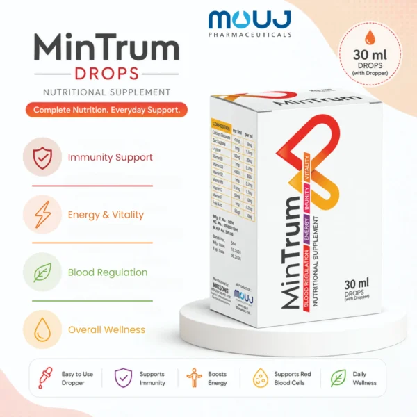 MinTrum nutritional supplement drops 30ml by Mouj Pharmaceuticals for daily nutrition and wellness support
