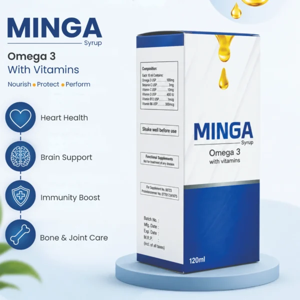 Minga Omega 3 with Vitamins syrup on a circular stand