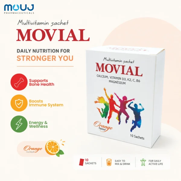 MOVIAL orange-flavored multivitamin sachets by Mouj Pharmaceuticals, showing a 10-sachet