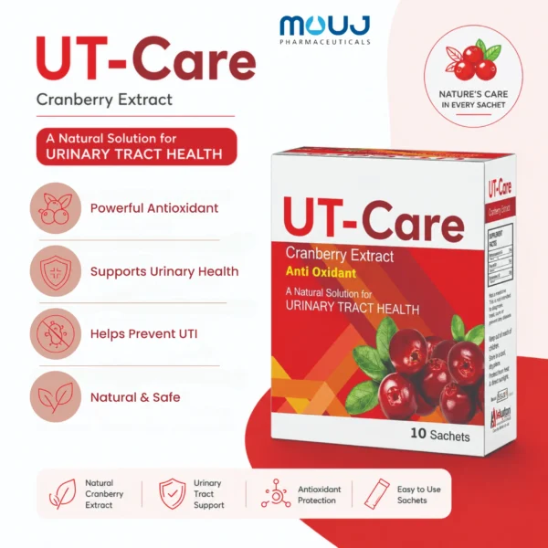 T-Care Cranberry Extract by Mouj Pharmaceuticals, showing a 10-sachet product box