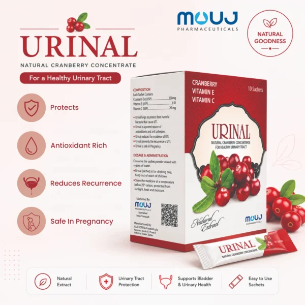 URINAL Natural Cranberry Concentrate by Mouj Pharmaceuticals, showing a 10-sachet