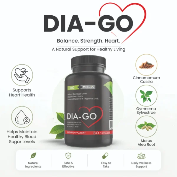 IA-GO dietary supplement, featuring a black bottle in the center with a heart graphic