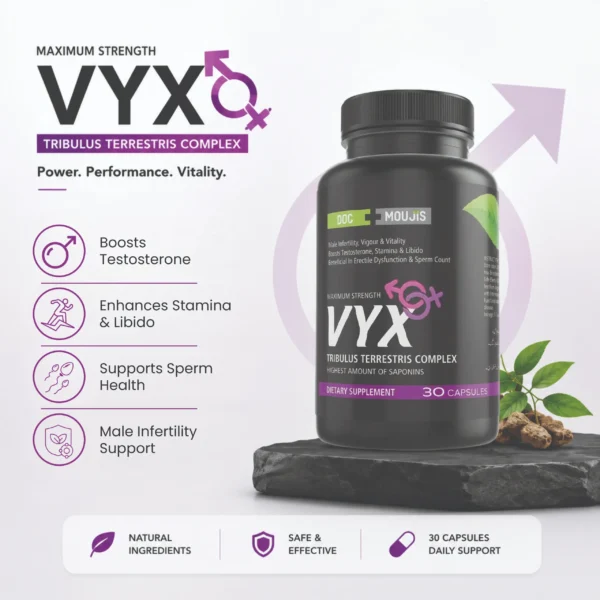 VYX Maximum Strength Tribulus Terrestris Complex supplement, showing a 30-capsule bottle