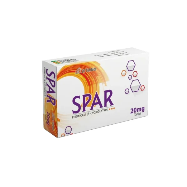 A white box of SPAR Piroxicam Beta-Cyclodextrin 20mg tablets featuring an orange swirling graphic and purple hexagonal shapes.
