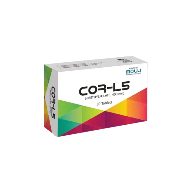 A white box of COR-L5 L-Methylfolate 400 mcg medication featuring a colorful geometric design along the bottom edge, containing 30 tablets.