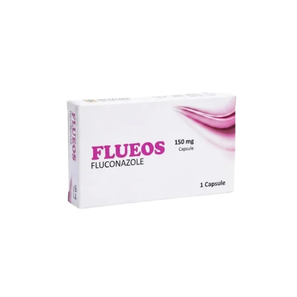 A white box of Flueos Fluconazole 150 mg medication with pink accents, containing 1 capsule.
