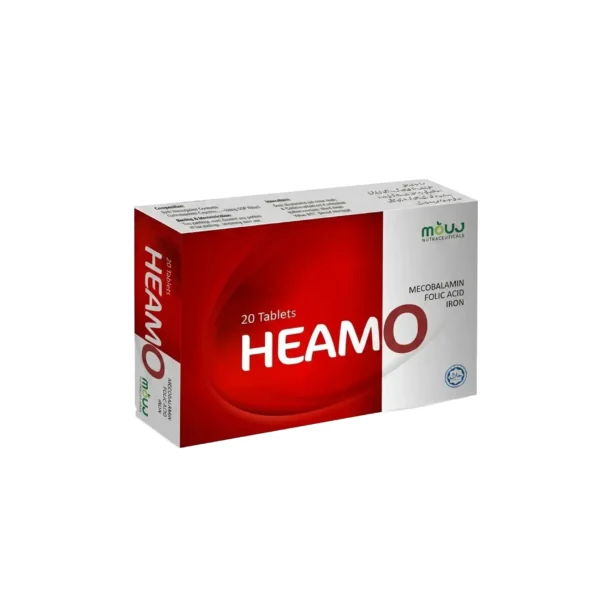 A red and white box of HEAMO medication containing 20 tablets of mecobalamin, folic acid, and iron.