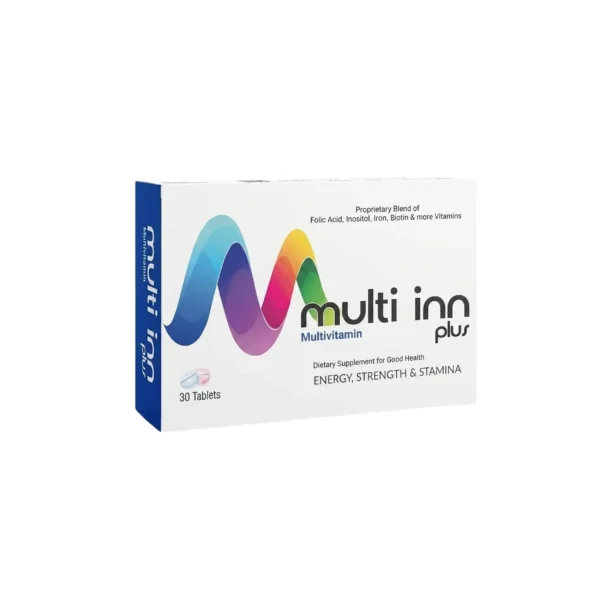 A white box of Multi Inn Plus multivitamin dietary supplement featuring a colorful wave design, containing 30 tablets formulated for energy, strength, and stamina.