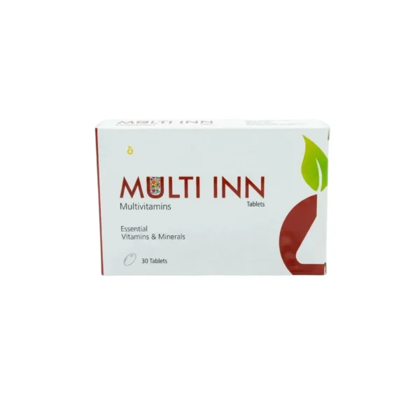 A white box of Multi Inn Multivitamins tablets providing essential vitamins and minerals, featuring a green leaf graphic and containing 30 tablets.