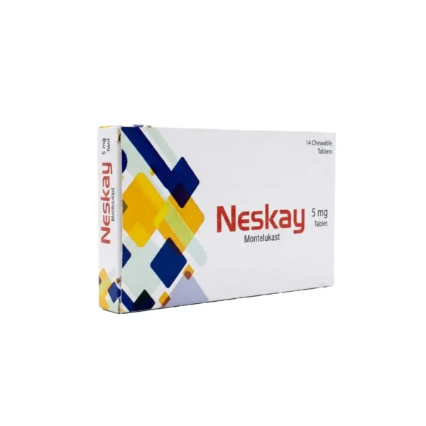 A white box of Neskay Montelukast 5 mg chewable tablets featuring a geometric pattern of blue, yellow, and white squares.