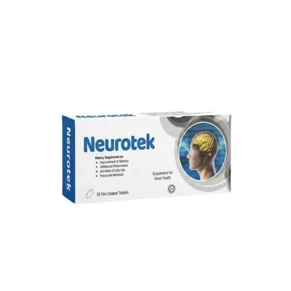 A white box of Neurotek dietary supplement for brain health, which supports memory, intellectual performance, and focus, containing 20 film-coated tablets.