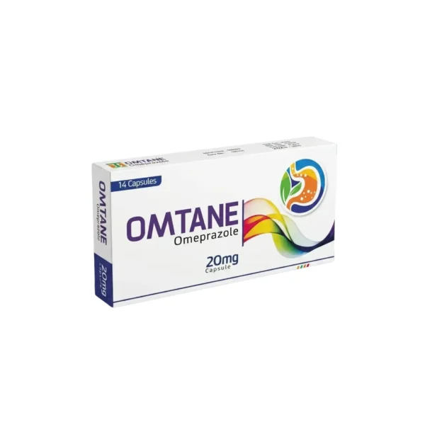 A white box of Omtane Omeprazole 20mg medication featuring a colorful stomach-shaped logo, containing 14 capsules.