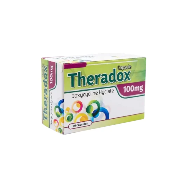 A green and white box of Theradox Doxycycline Hyclate 100mg medication featuring colorful circular graphics and containing 50 capsules.