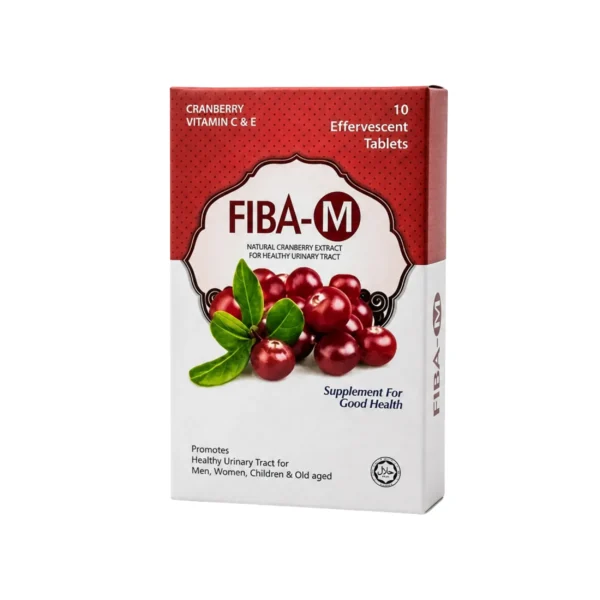 A red and white box of Fiba-M natural cranberry extract effervescent tablets, designed to support a healthy urinary tract.