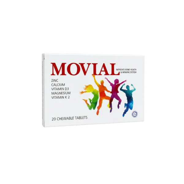 A white box of Movial dietary supplement containing 20 chewable tablets, featuring a design with colorful jumping figures and listing ingredients like zinc, calcium, and vitamins.