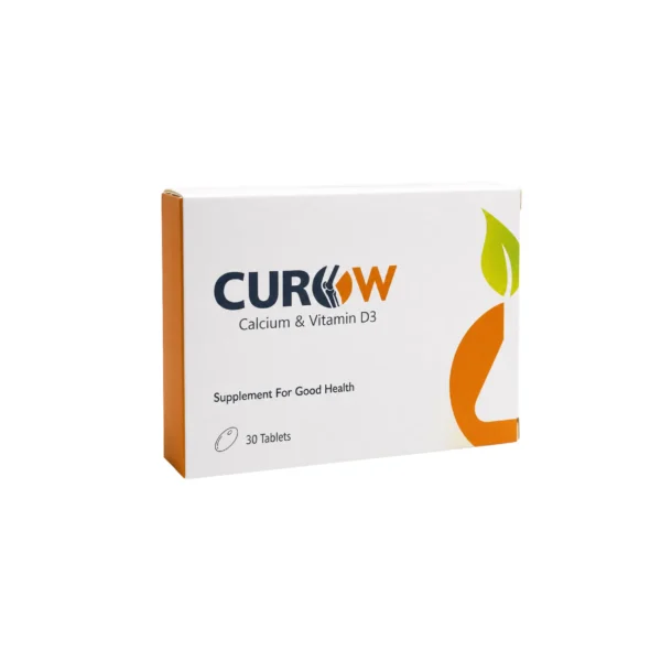A white box of Curow Calcium & Vitamin D3 dietary supplement with 30 tablets.