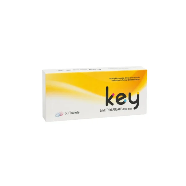 A white and yellow box of Key L-Methylfolate dietary supplement containing 30 tablets.