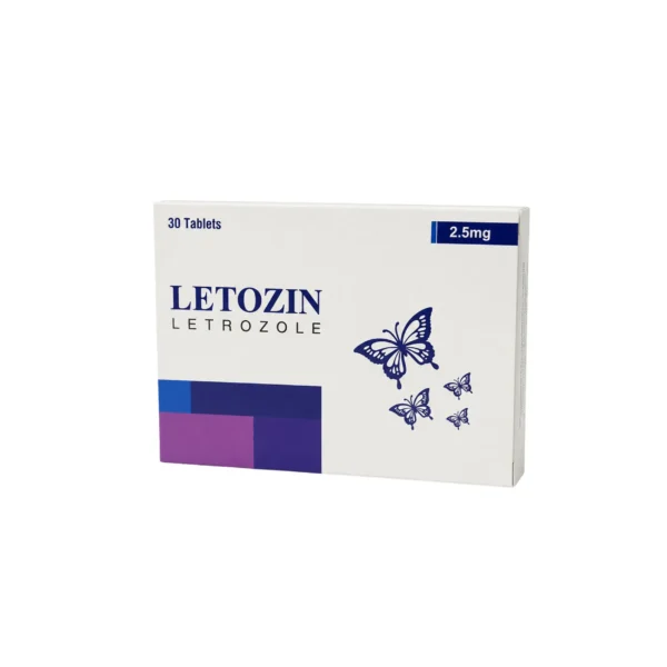 A white box of Letozin Letrozole 2.5mg medication featuring a butterfly design and containing 30 tablets.
