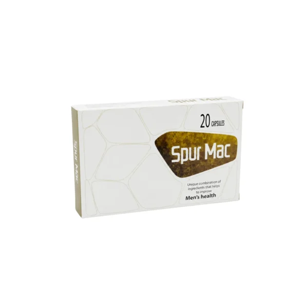 A white box of Spur Mac dietary supplement for men's health, containing 20 capsules.