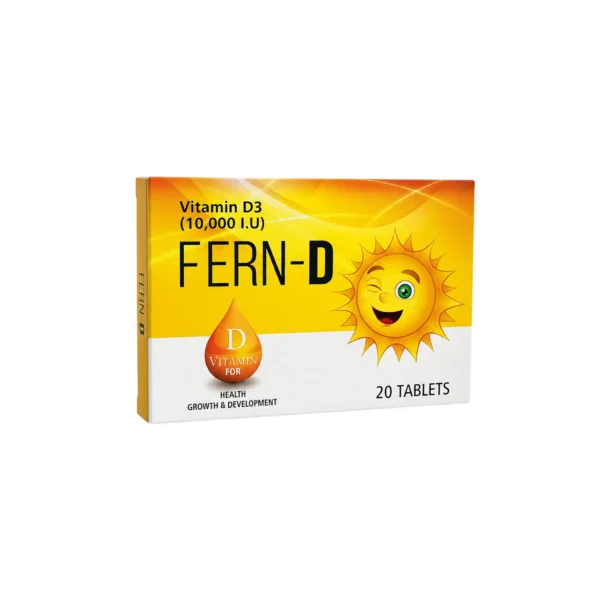 A yellow and white box of FERN-D Vitamin D3 dietary supplement, featuring a sun graphic and containing 20 tablets.