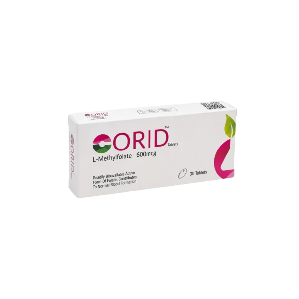 A white box of Corid L-Methylfolate 600mcg dietary supplement with 30 tablets.