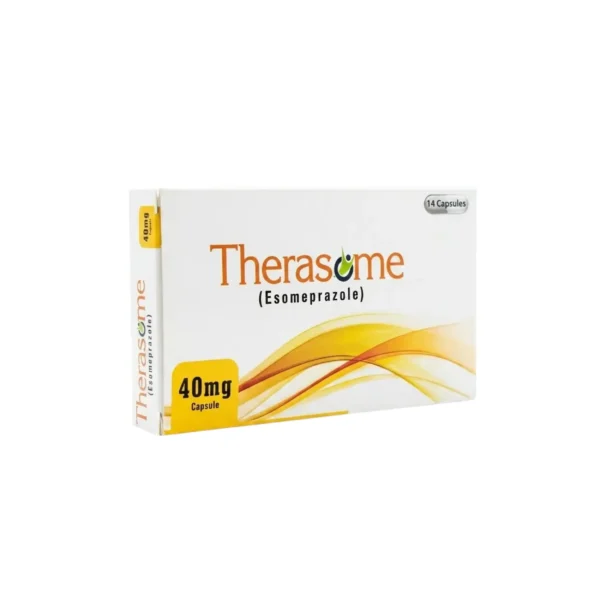 A white box of Therasome Esomeprazole 40 mg medication featuring an orange wave design.
