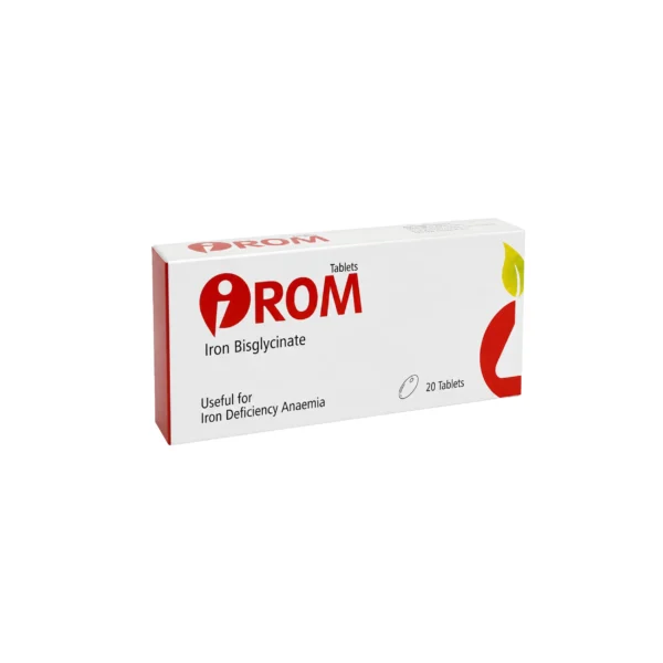 A white box of Irom Iron Bisglycinate dietary supplement useful for iron deficiency anaemia, containing 20 tablets.