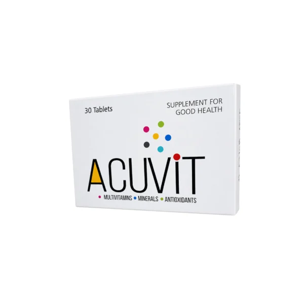 A white box of Acuvit dietary supplement for good health, containing 30 tablets of multivitamins, minerals, and antioxidants.