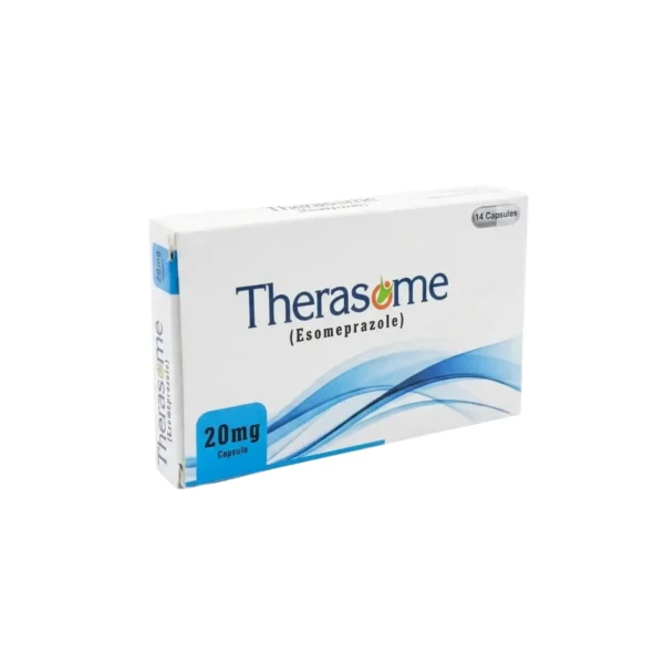 A white box of Therasome Esomeprazole 20 mg medication featuring a blue wave design.