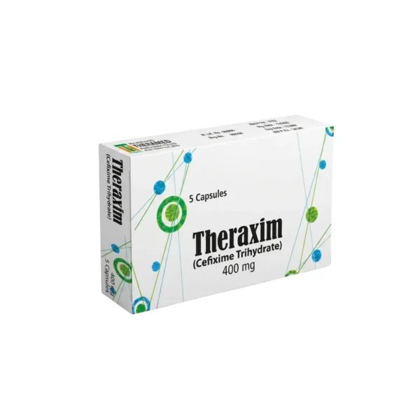 A white box of Theraxim Cefixime Trihydrate 400 mg medication featuring a green and blue pattern, containing 5 capsules.
