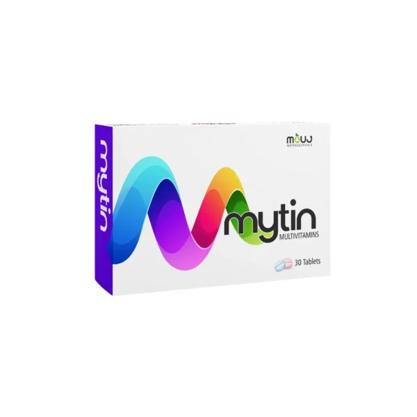 A white box of Mytin multivitamin supplement featuring a colorful wave design and containing 30 tablets.