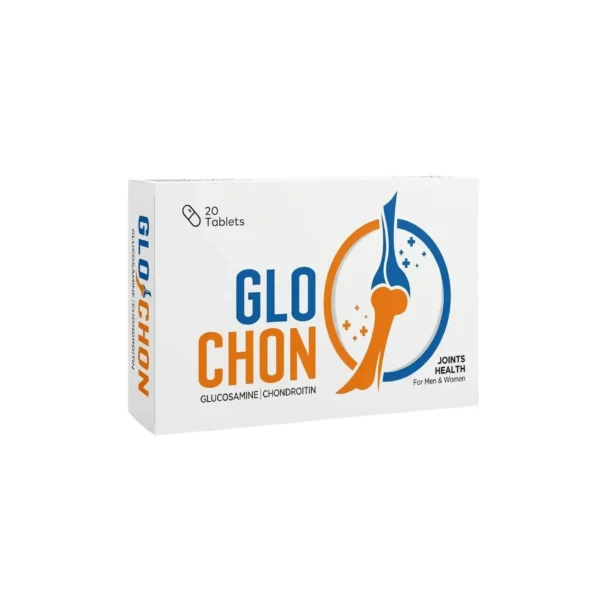 A white box of Glo Chon glucosamine and chondroitin supplement for joint health, containing 20 tablets.