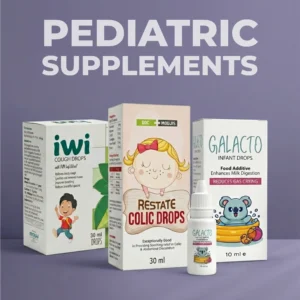 Three pediatric supplement products, including iwi cough drops, Restate colic drops, and Galacto infant drops, displayed against a purple background.