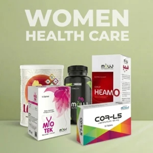 A display of various Women Health Care products, including Myo Tek sachets, Heamo syrup, and Cor-L5 tablets, arranged against a green background.